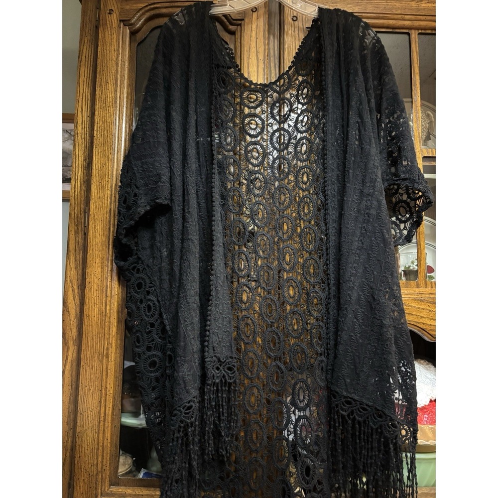 Unbranded Women's Black Crocheted Sweater Jacket 3X Fringe‎ Boho Grandma Core